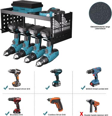 Зберігання інструментів Настінне кріплення Акумуляторний ударний дриль-шуруповерт, 4 слоти Надміцна електрична дриль Настінна стійка для зберігання Шуруповерт Організація Тримач інструментів