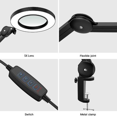 Світлодіодна лупа Лампа Лупа Лампа для робочого місця Косметична лампа, 5 діоптрій, з лінзою діаметром 125 мм з затемненим 3-кольоровим режимом Світло Чорний