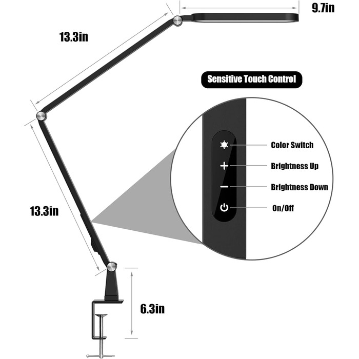 Настільна лампа, JKSWT Eye Care, регульована поворотна настільна лампа з затискачем, 72 світлодіоди, 5 колірних режимів, 5 рівнів яскравості настільна лампа, офісна лампа з функцією пам'яті та сенсорним керуванням, чорний