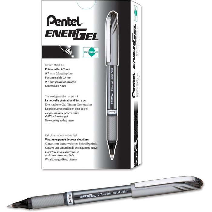 Рідка гелева ручка Pentel EnerGel NV, 0,7 мм, середня лінія з кришкою, металевий наконечник, чорне чорнило, коробка 12 шт. (BL27-A) від Pentel