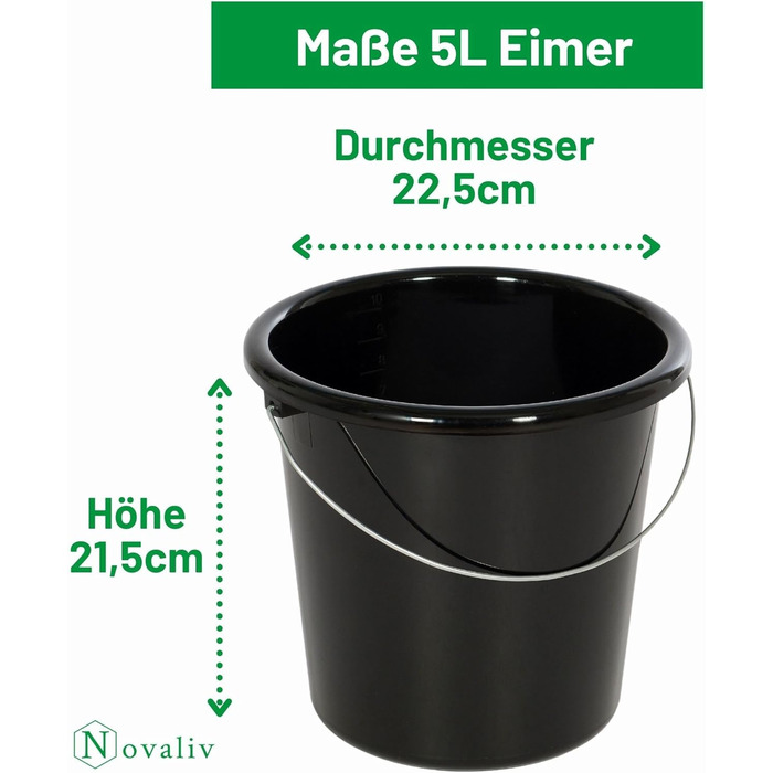 Відро 5 л чорне зі шкалою - Відро для прибирання 5 літрів 22,5 см Практичне універсальне відро зі шкалою для дому та саду ідеально підходить як господарське відро, відро для води, відро для швабри, відро 10 5 літрів чорного кольору, 10 шт.