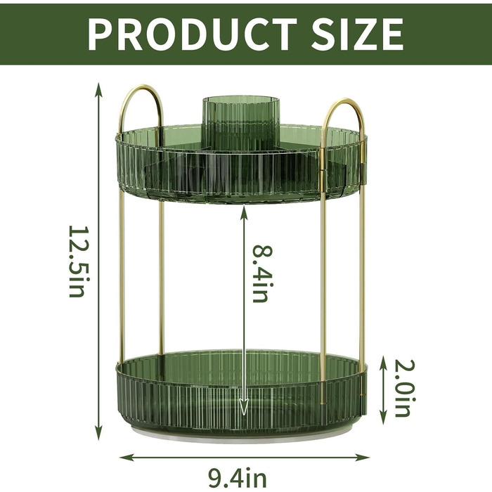 Косметичний органайзер Органайзер для макіяжу Обертовий на 360 з 2 рівнями, органайзер для догляду за шкірою для туалетного столика, стільниці, спальні, ванної кімнати Органайзер для макіяжу 23*32см Темно-зелений