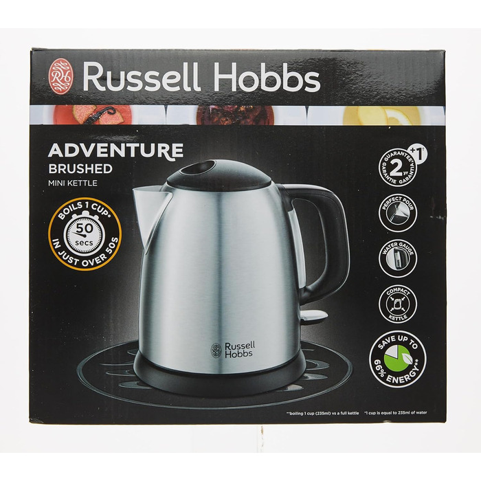 Чайник Russell Hobbs 1,0 л Adventure з нержавіючої сталі (2400 Вт, функція приготування під тиском, знімний фільтр з лаймом, зовнішній індикатор рівня води, маленький туристичний чайник) Чайник для чаю 24991-70 маленький, 1,0 л Нержавіюча сталь полірована