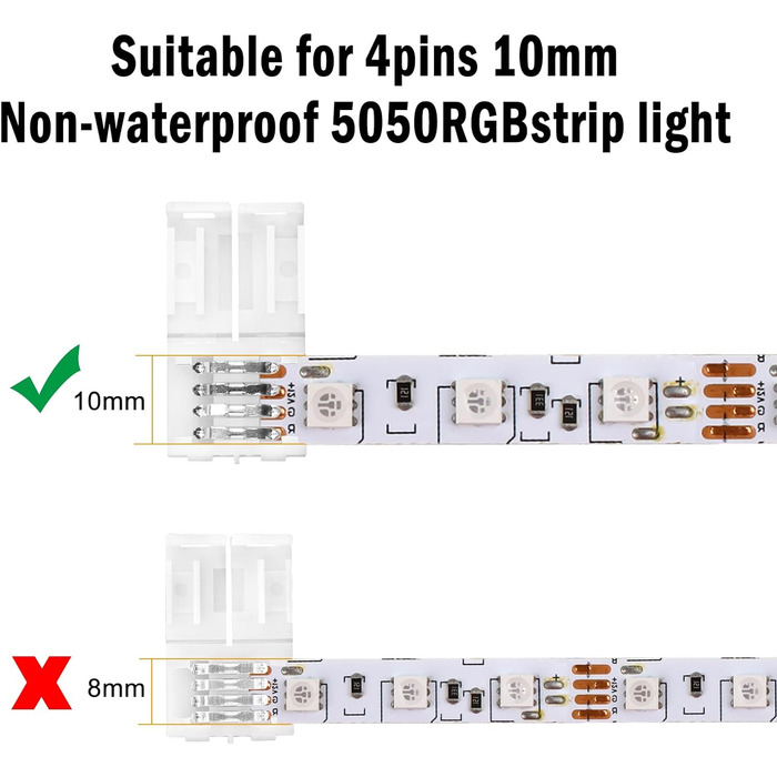Контактний роз'єм для світлодіодної стрічки, роз'єм RGB 8 мм світлодіодна стрічка Швидкий роз'єм, для світлодіодної стрічки SMD 3528 RGB шириною 8 мм (10 мм 4-контактний), 20 шт., 4-