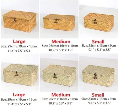 Набір з 3 плетених з ротанга морської трави Прямокутний кошик для зберігання Коробка для зберігання з кришкою Багатоцільові коробки-органайзери для одягу, косметики, книг і полиць (помаранчеві, маленькі/середні/великі)