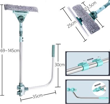 Телескопічна штанга для миття вікон Hooha 2-в-1 зі знімачем вікон з обертанням на 180, штангою U-подібного кронштейна та телескопічною ручкою 69-145 см для скла/вікна/баньо/підлоги/автомобіля