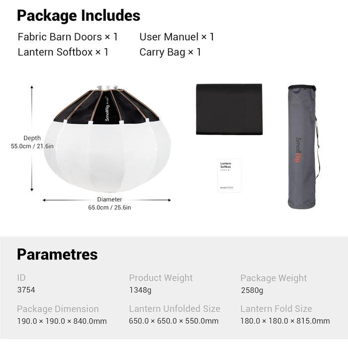 Ліхтарі SMALLRIG Softbox 60 см/26 дюймів, софтбокс з кріпленням Bowens з липучкою гнучкого типу дверей для відео світла COB RC 120D/RC 120B/RC 220D/RC 220B та інших ліхтарів Bowens Mount - 3754 60см/26'