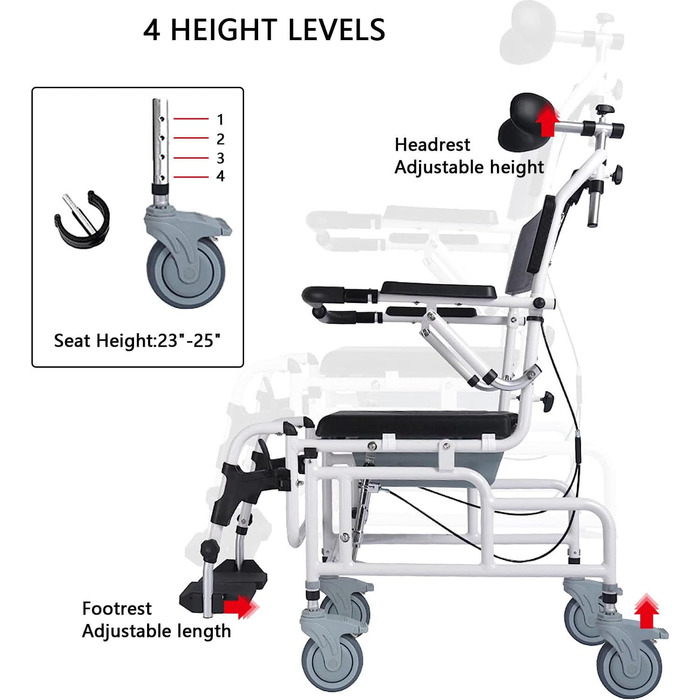 Крісло для душу ZAANU з підголівником, душ/туалет/крісло для транспортування з підлокітниками та спинкою, інвалідна кабіна з нахилом 45, нічні туалети для людей похилого віку