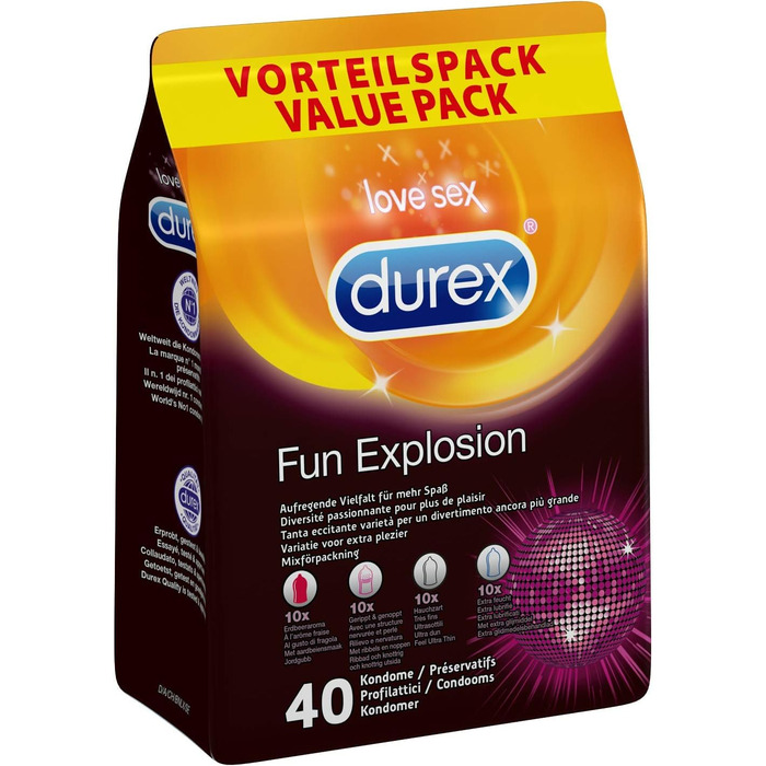 Презервативи Durex Fun Explosion - різні різновиди для захоплюючого різноманіття - Контрацепція, яка приносить задоволення - 40 оптових упаковок (1 x 40 шт. ) 40 шт. (1 упаковка)