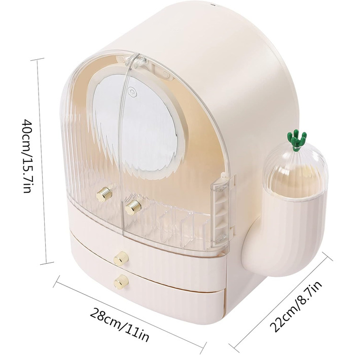 Органайзер для макіяжу, косметична коробка з 2 ящиками Світлодіодне світлове дзеркало для спальні Ванна кімната Гардеробна кімната Тумбочка Туалетний столик Форма кактуса Білий
