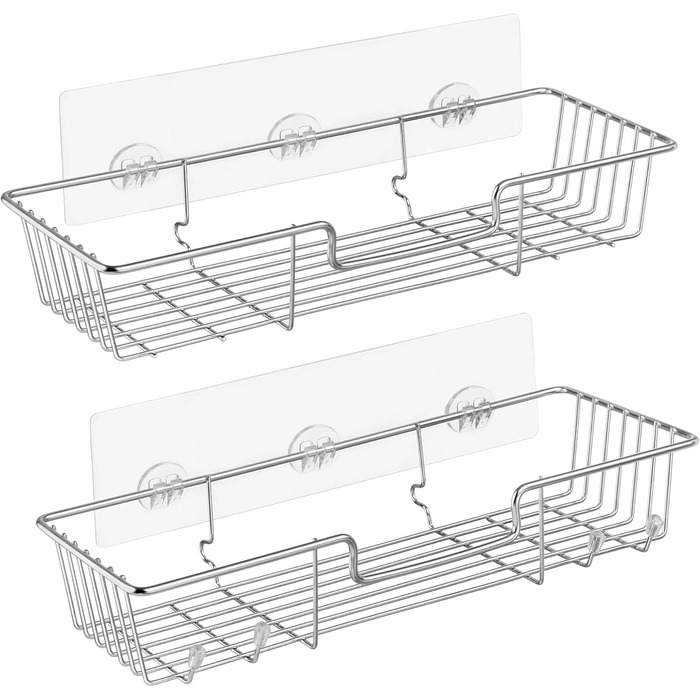 Поличка для душу з гачками для ополіскувача тримач для шампуню Кошик для кухонного органайзера без свердління Настінне кріплення, нержавіюча сталь 2 яруси нержавіюча сталь