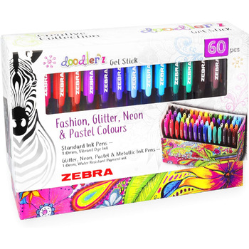 Гелеві ручки Zebra Doodler'z, 1,0 мм, модні, блискучі, неонові та пастельні кольори, подарункова коробка з 60 ручок