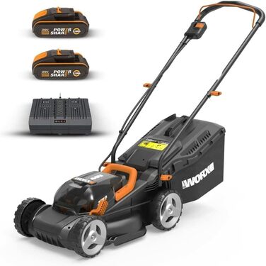 Акумуляторна газонокосарка WORX WG779E 40В (2 x 20В) - ширина зрізу 34 см - ідеально підходить для садів площею до 280 м - технологія IntelliCut - зручне зберігання - в комплекті акумуляторні батареї 2х2,5Ач та подвійний швидкий зарядний пристрій Один