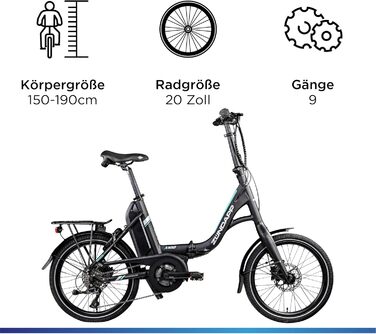 Дюймовий складаний велосипед для чоловіків та жінок 150-190 см Bosch Ebike середній двигун з 9-швидкісною втулкою Електричний велосипед 400 Вт батарея складаний велосипед 45 см чорний/бірюзовий, 100 E Bike 20-