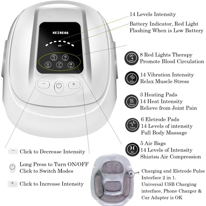Акумуляторний колінний масажер HEZHENG, тиск підігрітого повітря, вібрація, компресія, підтримка колін, електронний, імпульсний масажер з 6 подушечками для зняття болю