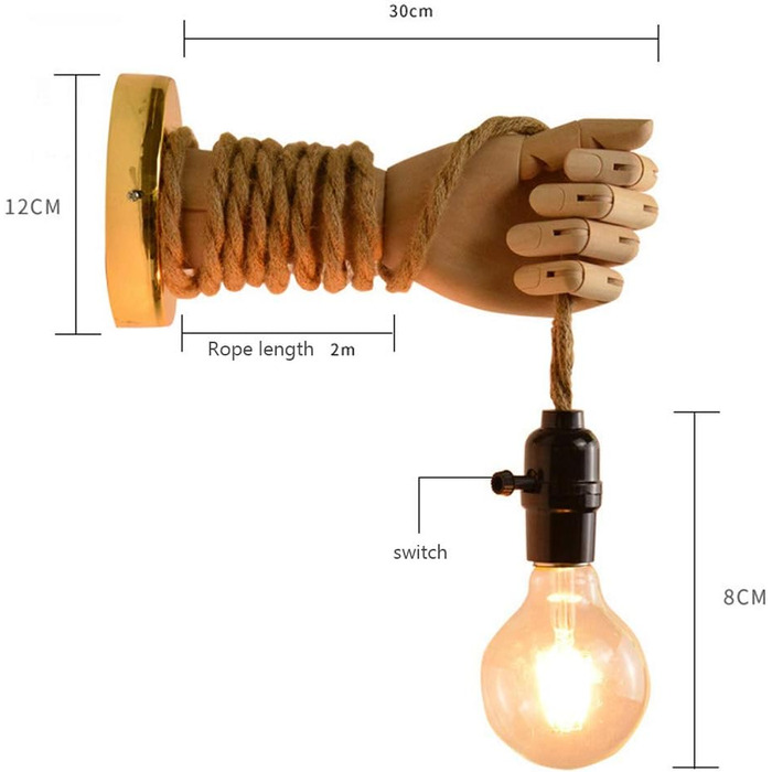 Вінтажний настінний світильник з конопляної мотузки, Креативний настінний світильник з дерев'яною рукою, Сільський настінний світильник для дизайну Креативна дерев'яна рука з конопляною мотузкою (лампочка не входить в комплект), B