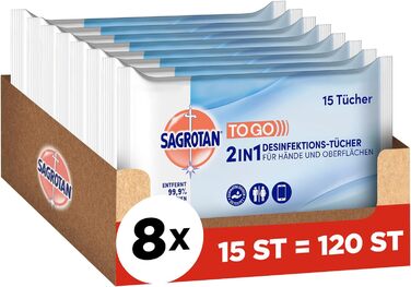 Дезінфікуючі серветки Sagrotan 2в1 для дезінфекції рук і поверхонь 8 x 15 вологих серветок в упаковці, що закривається, білий, океан