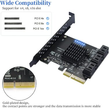 Карта 6 портів, 6 Гбіт/с 4 шт. SATA 3.0 PCIe карта, PCIe до SATA контролера плата розширення без рейду з 6 кабелями SATA низькопрофільний кронштейн, Plug and Play Windows, Linux система ASM1166 чіп 6 портів 4x-чорний