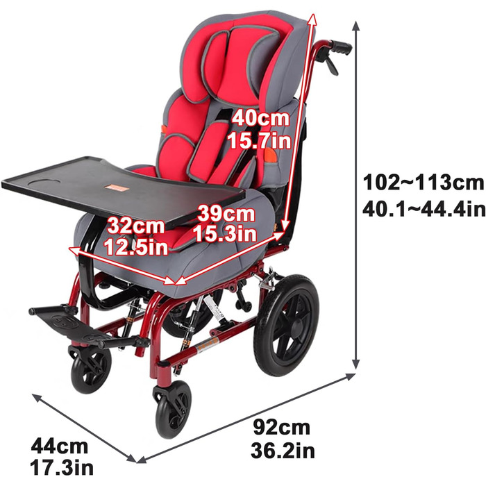 Інвалідне крісло Sunyongfly для дітей з церебральним паралічем, повністю регульоване дитяче інвалідне крісло, складне алюмінієве інвалідне крісло, підходить для дітей віком від 1 до 7 років (44X92X102 см (17,3X36,2X40,1 см))