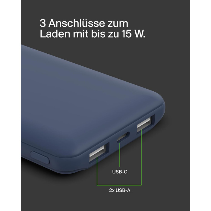 МАг, 1 порт USB-C і 2 порти USB-A для зарядки iPhone, AirPods, iPad, Android або інших пристроїв потужністю до 15 Вт) - синій, 10 000