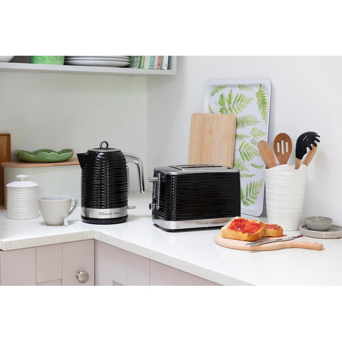 Тостер Russell Hobbs на 2 скибочки Inspire Black з високоякісною глянцевою структурою (надзвичайно широкі отвори для тостів, включаючи насадку для булочки, 6 рівнів підрум'янювання функція розморожування та підігріву) 24371-56