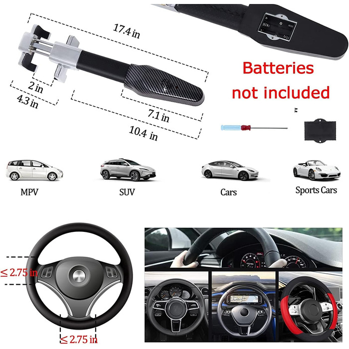 Кіготь рульового колеса з сигналізацією, блокування керма 130 дБ для автомобіля, автомобільний іммобілайзер Блокування керма для легкових автомобілів, вантажівок, позашляховиків з викруткою та рукавичками від Poweka (батарейки в комплект не входять)