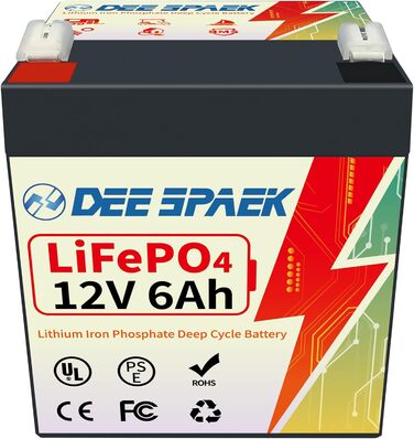 Акумулятор DeeSpaek 12V 6Ah LiFePO4, акумуляторні літієві батареї глибокого циклу з BMS 10 А, ідеально підходять для їзди на іграшках, домашньої сигналізації, запобіжника, газонокосарки та аварійного освітлення