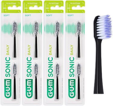 Щоденні змінні насадки для щітки GUM Sonic Daily Sonic Toothbrush/м'яка, мікродисперсна щетина для делікатного, глибокого чищення, щодня / 4 x 2 шт. и (чорні)