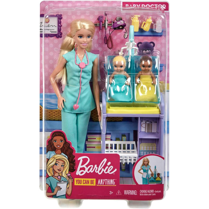 Серія Barbie You Can Be Anything, Дитячий лікар, лялька Барбі зі світлим волоссям, двоє немовлят, одяг лікаря, аксесуари Барбі, 3 ляльки Барбі в комплекті, подарунок для дітей, іграшка від 3 років,GKH23 Різнокольоровий одинарний