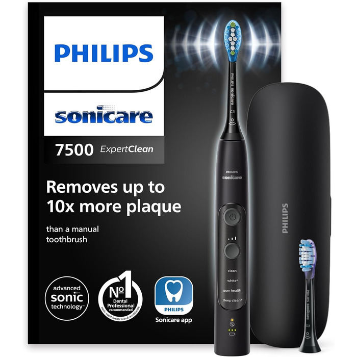 Електрична зубна щітка Philips Sonicare ExpertClean 7500, звукова зубна щітка з додатком, 4 режими чищення та 3 рівні інтенсивності, датчик тиску, дорожній кейс, чорний, модель HX9631/16 Black ука (1 упаковка)