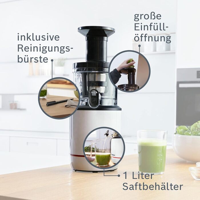 Соковижималка Bosch SlowJuicer VitaExtract MESM500W, вітамінний сік, дуже тихий, легке очищення, для твердих фруктів і овочів, без бісфенолу А, 150 Вт, білий Стандарт