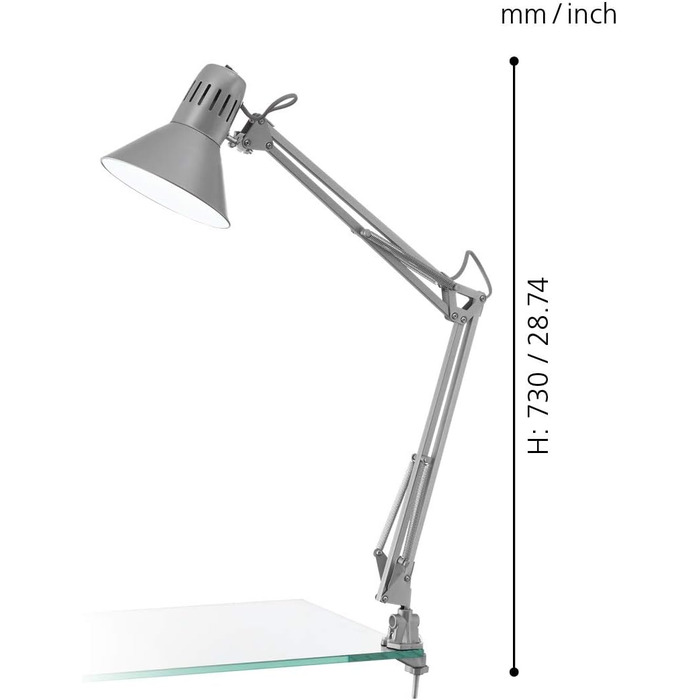 Настільна лампа EGLO Firmo, 1 лампа з затиском полум'я вінтаж, промислова, ретро, настільна лампа зі сталі та високоякісного пластику, лампа clamp в сріблястому кольорі, лампа з вимикачем, цоколь E27