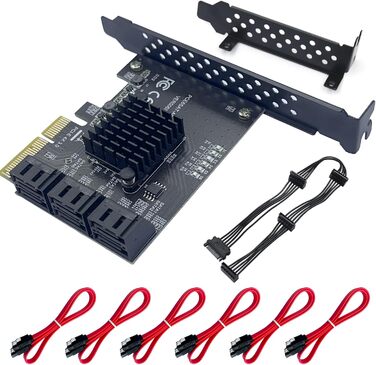 Карта 6 портів, 6 Гбіт/с 4 шт. SATA 3.0 PCIe карта, PCIe до SATA контролера плата розширення без рейду з 6 кабелями SATA низькопрофільний кронштейн, Plug and Play Windows, Linux система ASM1166 чіп 6 портів 4x-чорний