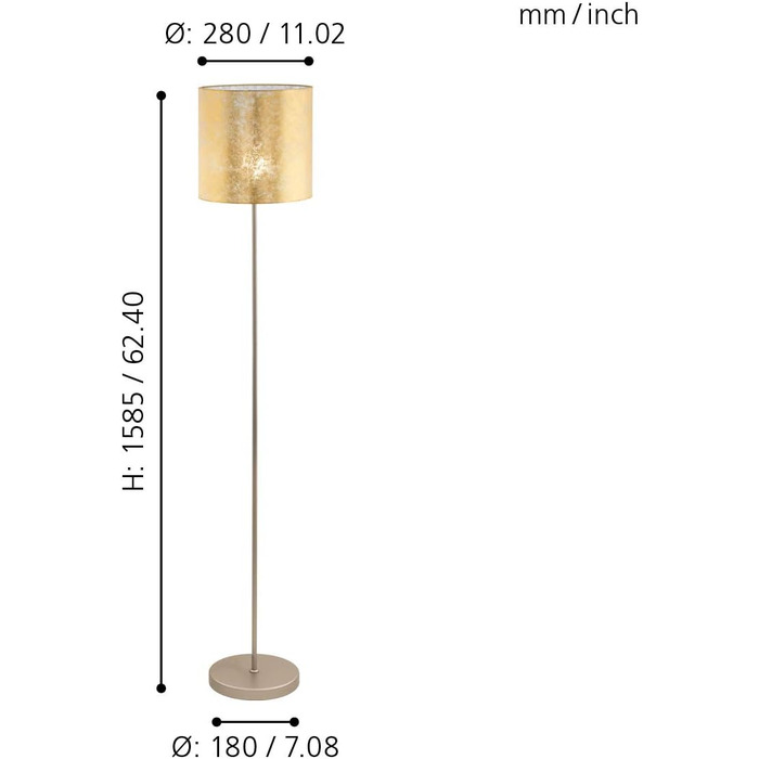 Торшер EGLO Viserbella, вінтажний торшер, сталевий і текстильний торшер, світильник для вітальні в кольорі шампань, золото, лампа з ступінчастим перемикачем, цоколь E27