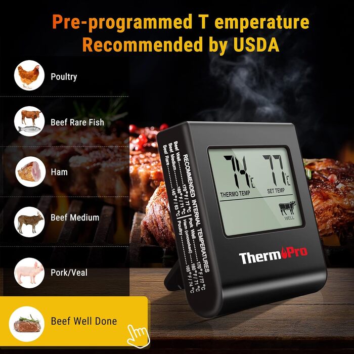 Цифровий термометр для смаження ThermoPro TP16 з таймером (чорний)