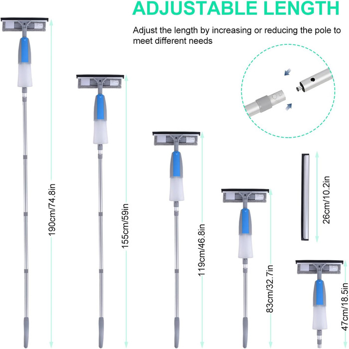 Віконний ракель Jubor 3-в-1 з функцією розпилення, мийник вікон 190 см з телескопічною ручкою, склоочисник з розпилювачем, інструменти для миття скла для внутрішніх і зовнішніх високих вікон