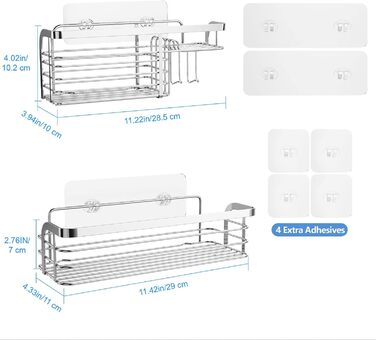 Самоклеюча полиця для душу з мильницею та гачком, органайзер для ванної кімнати, полиця для душу, зберігання для ванної, кухні, туалету, нержавіюча сталь SUS304, стійка до іржі, тримач для душу (2 упаковки)