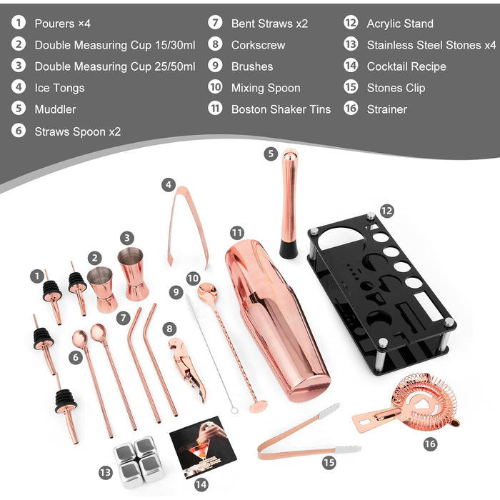Набір шейкерів для коктейлів 23 предмети з нержавіючої сталі з акриловою підставкою та рецептами колір рожеве золото (4 камені для віскі)