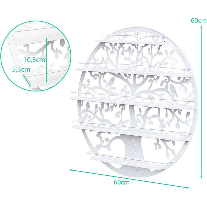 Полиця для лаку для нігтів Настінна полиця, Металева підставка для лаку для нігтів, Органайзер для лаку для нігтів з 5 полицями, Підставка для губної помади, Органайзер для лаку для нігтів, Круглий для зберігання Ø 60 см (Білий), 4LIFE