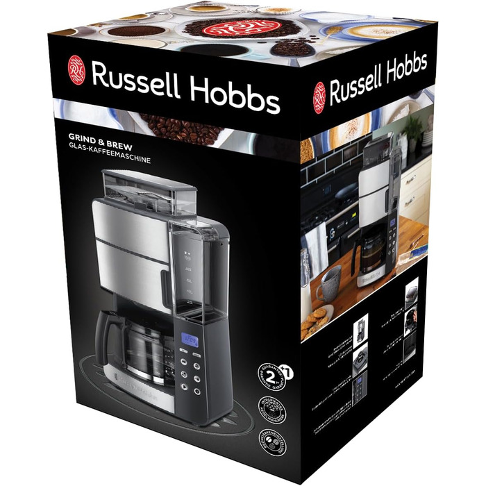 Кавоварка Russell Hobbs зі скляним глечиком для кавомолки цифровий таймер, душова лійка для оп. Екстракція та аромат Grind&Brew (макс. 10 чашок, 3-ступінчасте налаштування помелу) Кавоварка з фільтром 25610-56