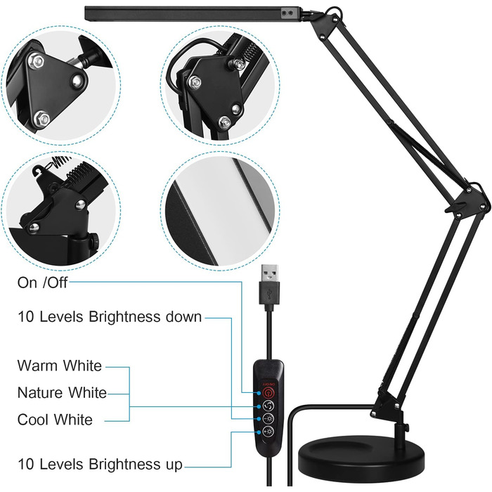 Настільна лампа SKYLEO LED Dimmable - Світлодіодна настільна лампа з кліпсою - Захист очей Світлодіодна настільна лампа - 3 режими освітлення x 10 рівнів яскравості - чорний (чорний кліпса та цоколь)