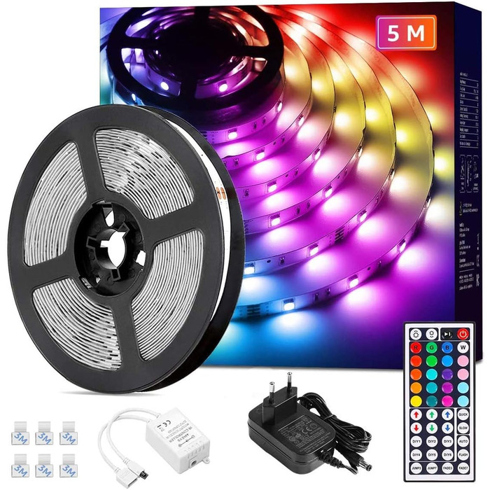 Набір світлодіодних стрічок Lepro 5M RGB, 5050 SMD 150 світлодіодних стрічок, 12 В, світлодіодна стрічка самоклеюча, гнучка світлодіодна стрічка, світлодіодні струнні ліхтарі IP20, барвиста світлодіодна стрічка з регулюванням яскравості, блок живлення та 