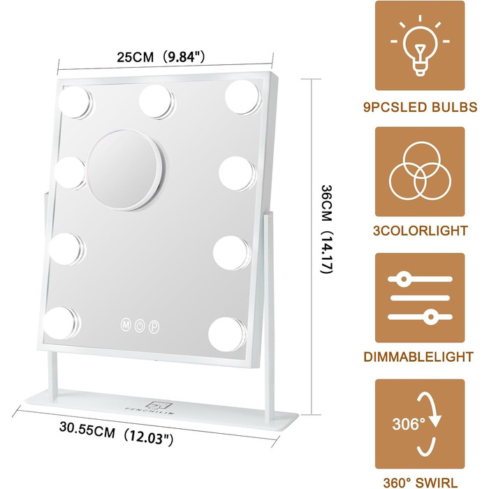 Дзеркало для макіяжу з підсвічуванням 9 ламп з регулюванням яскравості Дзеркало для макіяжу з підсвічуванням Голлівудське дзеркало з підсвічуванням світлодіодні лампи поворотне на 360 Дзеркало для макіяжу з підсвічуванням 3 кольори світла Білий 25x30 см