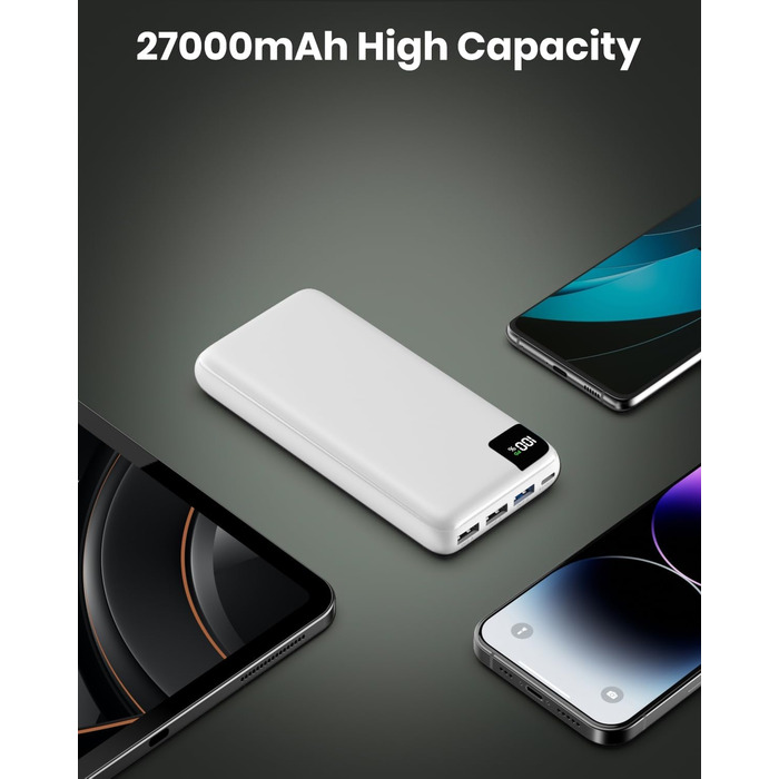 Зовнішній акумулятор Power Bank 27000mAh - Portable Charger Bilivein Powerbank 22.5W Fast Charging Portable Charger, PD USB C Input & Output with LED Display for iPhone 16/15/14/13/12 Pro/Pro Max Series Tablet (white)