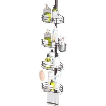 Кутовий душовий бокс SEIRIONE, натяжна штанга, регульований кутовий органайзер для душу з 4 полицями, без свердління, душова полиця для внутрішнього душу, душова полиця для зберігання душу, висота від 99,2 до 29,5 см, бронза