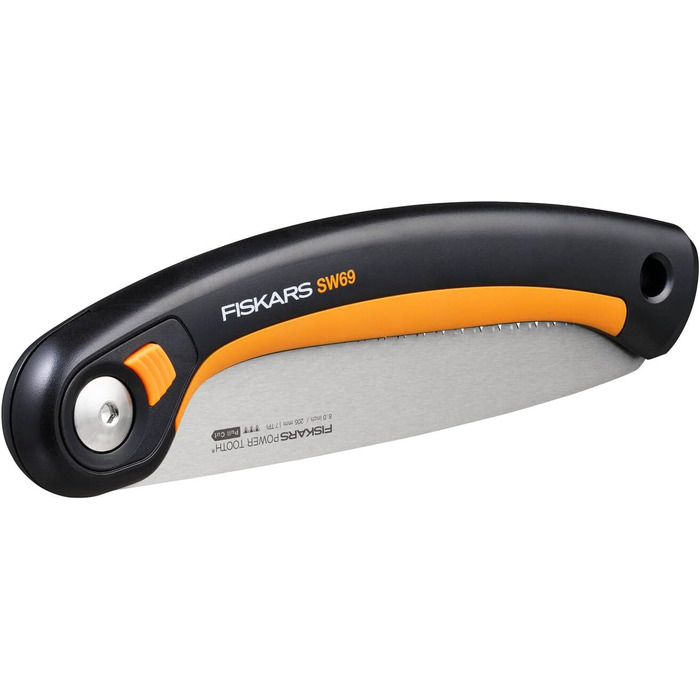 Складна пила Fiskars Plus, для товстих колод і гілок, 3 положення різання, гостре лезо з електроприводом, груба зубчастість, довжина леза 21 см, чорний/помаранчевий, пила SW69, 1067553 (полотно 20 см)