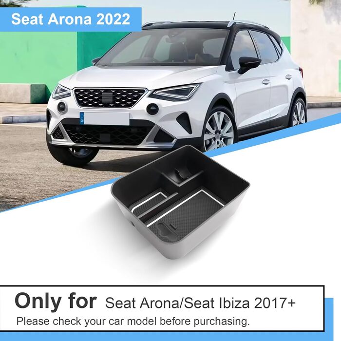 Ящик для зберігання на центральній консолі Coleya сумісний з Seat Arona/Seat Ibiza 2017-2024, органайзер для підлокітників Seat Arona, бардачок з центральним підлокітником Seat Ibiza з нековзним килимком (білий)