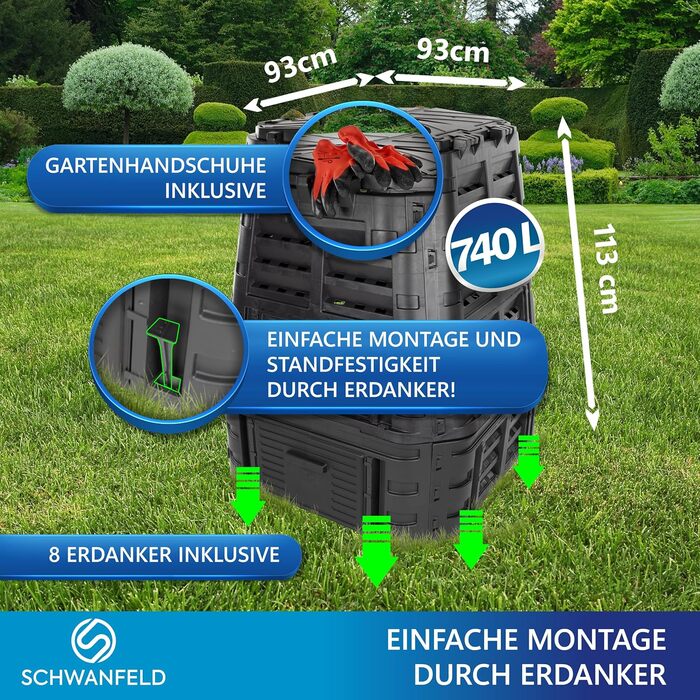 Термокомпостер преміум-класу Schwanfeld 740l Пластик - КОМПОСТЕР ЗАПАХУ Сад - з захисною сіткою - високоякісний компостер Швидкий компостер стійкий до атмосферних впливів - легка збірка/міцний матеріал