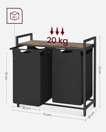 Кошик VASAGLE 2 x 46 л, 73 x 33 x 72 см із тканини Oxford на 2 відділення з полицею для білизни вінтажно-коричневий, чорний