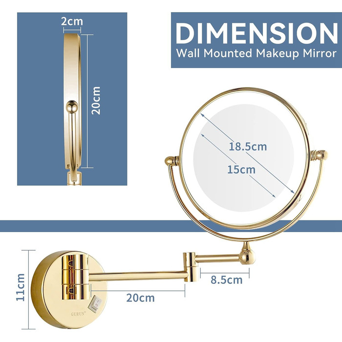 ПРИДАНЕ Косметичне дзеркало з підсвічуванням Настінне збільшувальне дзеркало з підсвічуванням 10-кратне золоте дзеркало для макіяжу Поворот на 360 Висувне двостороннє дзеркало зі збільшенням, Ø20 см золото 20L x 20B см